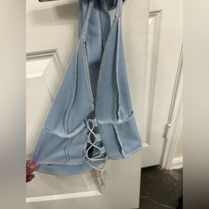 Light Blue Ribbed Lace-Up Halter Top